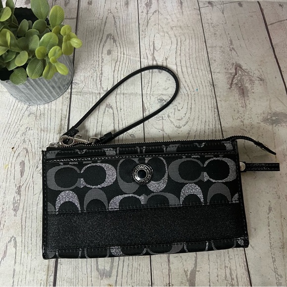 Coach Black Silver Signature Monogram Canvas Stripe Wristlet Wallet Metallic EUC - Picture 9 of 16